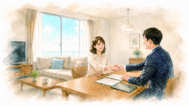 営業マンと談笑しているイラスト